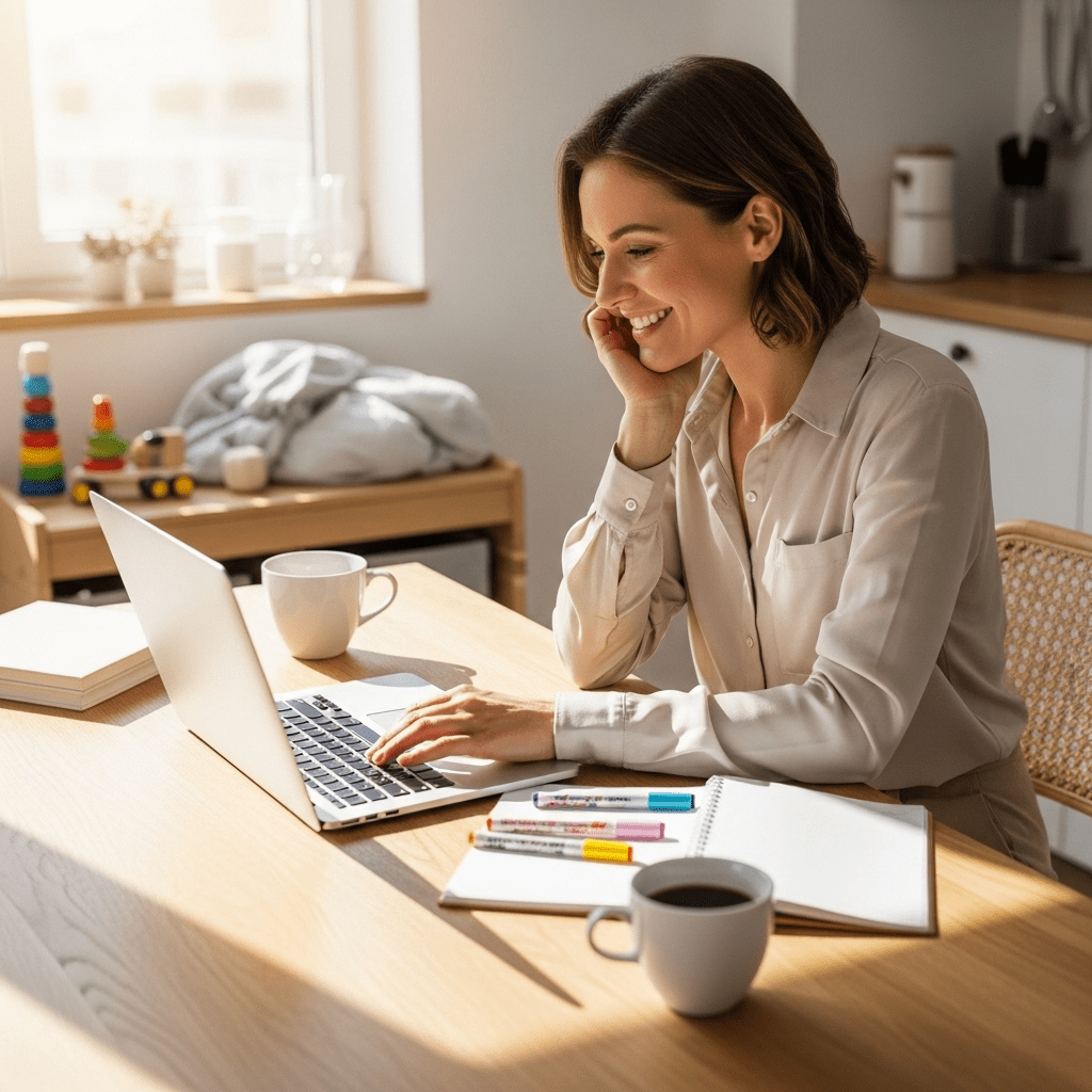 Auf diesem Bild siehst du eine lächelnde Frau im Homeoffice, die am Laptop arbeitet und gleichzeitig telefoniert. Auf dem Tisch liegen Notizbuch, bunte Stifte und eine Tasse Kaffee. Im Hintergrund erkennt man Spielzeug – ein Hinweis auf ihren Mama-Alltag.