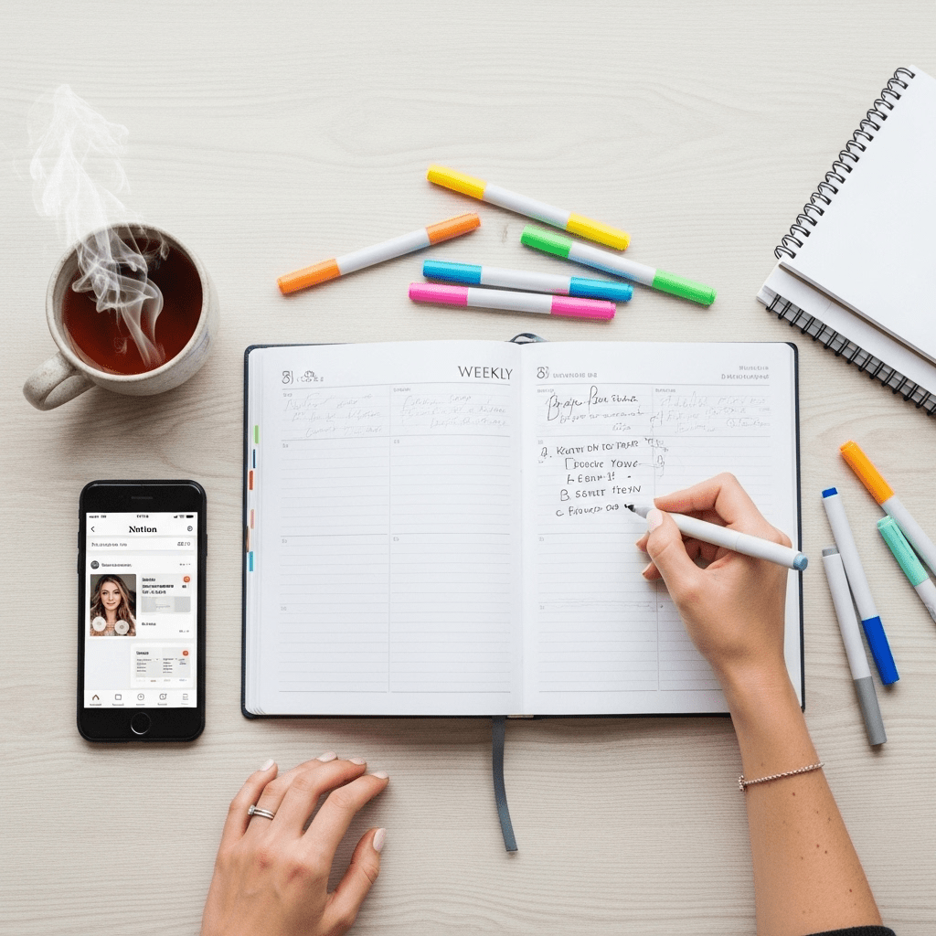 Woche planen mit System.506Z-min Auf diesem Bild siehst du eine Hand, die einen Wochenplaner mit farbigen Stiften strukturiert. Daneben liegen ein Smartphone, ein Notizbuch und eine dampfende Tasse Tee – Symbol für Planung, Fokus und Business-Alltag als Mama.