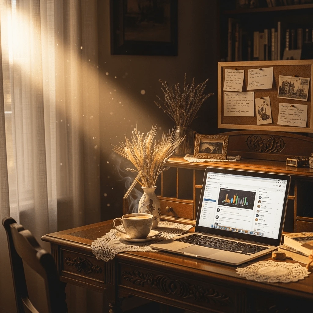 „Vintage-inspirierter Arbeitsplatz mit Laptop, dampfender Kaffeetasse und Dashboard-Statistik im Fokus – ideal für Frauen, die von zu Hause aus ihr Online-Business mit Blog und Pinterest aufbauen.“