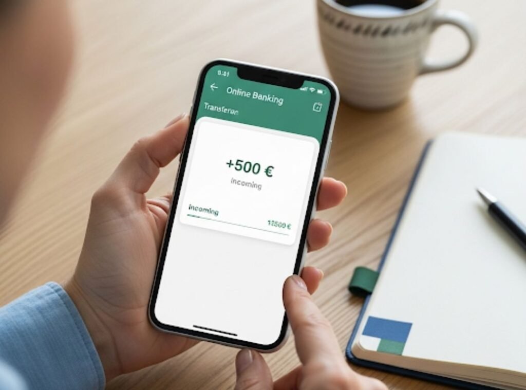 Robethood Auszahlung: So bekommst du deine 500 € sicher aufs Konto Hand hält Smartphone mit Online-Banking-App. Bildschirm zeigt +500 € Geldeingang. Symbol für Robethood Auszahlung und Startguthaben.
