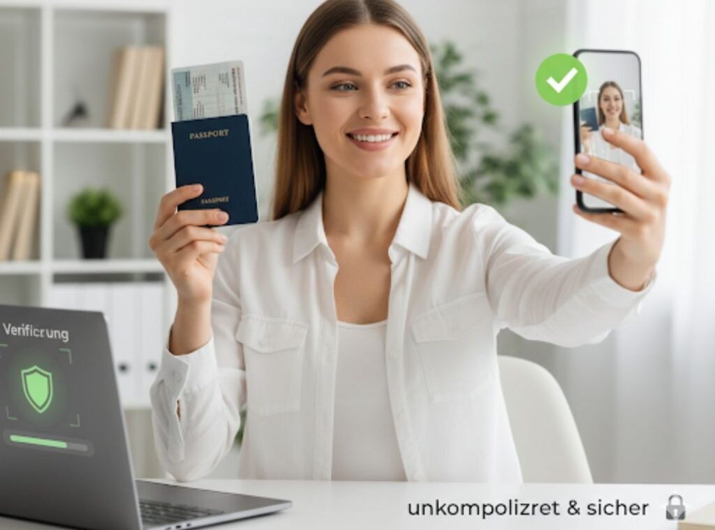 Frau führt einfache Online-Verifizierung mit Ausweis und Smartphone durch – dargestellt als sicherer, digitaler Prozess. Frau führt einfache Online-Verifizierung mit Ausweis und Smartphone durch – dargestellt als sicherer, digitaler Prozess.