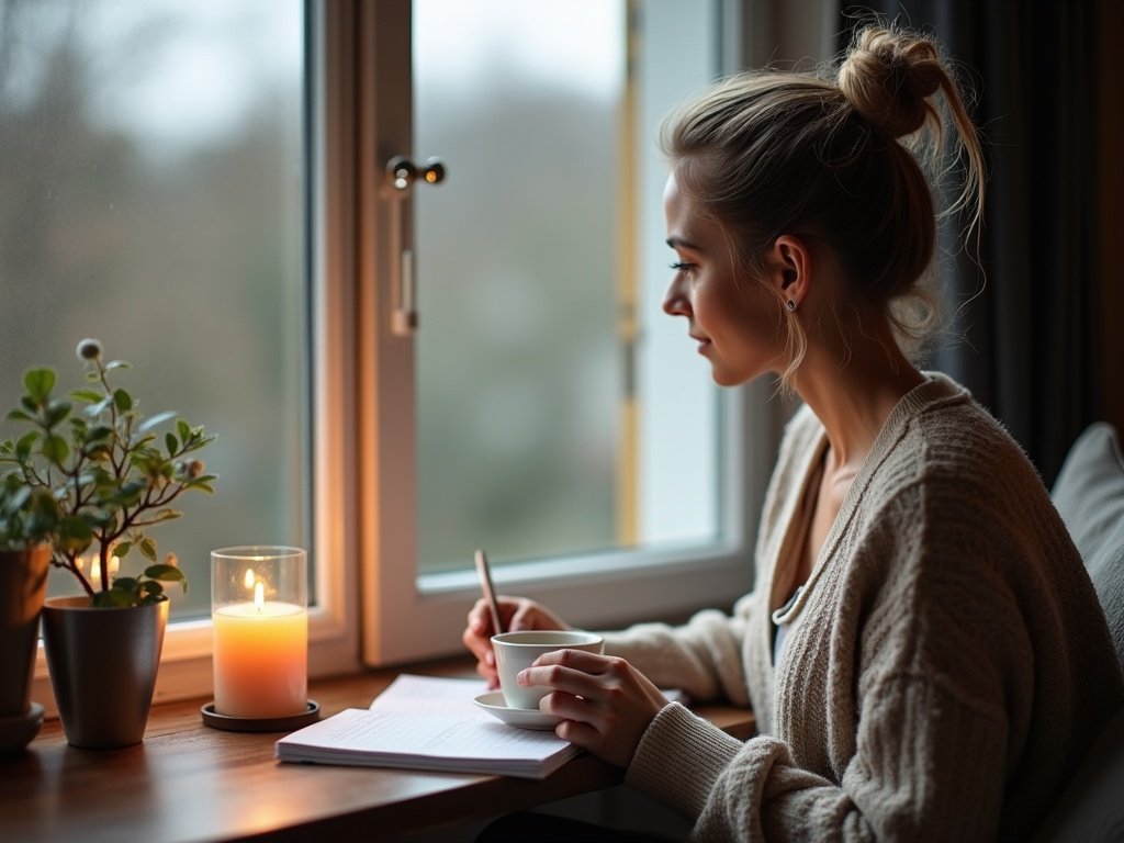 Journaling am Abend – Zeit für Reflexion und Fokus Auf diesem Bild sitzt eine Frau am Fenster mit einer Tasse in der Hand und schreibt in ein Tagebuch. Eine Kerze und eine kleine Pflanze stehen auf der Fensterbank. Die Szene wirkt ruhig, warm und nachdenklich.