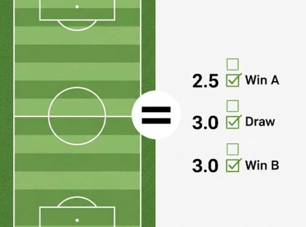 Matched Betting einfach erklärt: So funktioniert die Robethood Tippgemeinschaft Grafik mit Fußballfeld und Wettquoten. Häkchen bei Sieg A, Unentschieden und Sieg B – Symbol für Matched Betting bei Robethood.