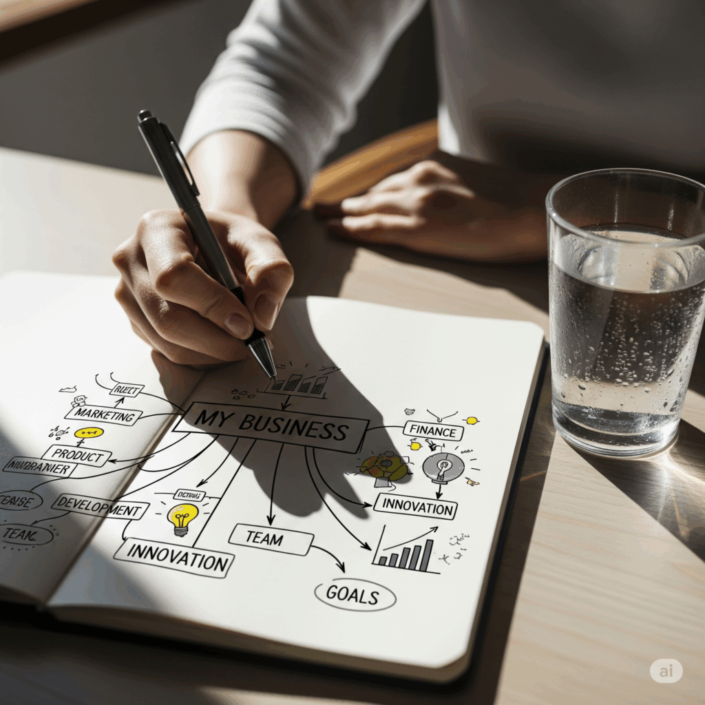 Auf diesem Bild siehst du eine Frau, die in ein Notizbuch einen Businessplan schreibt, daneben ein Glas Wasser – Sinnbild für Klarheit und Struktur im Online-Business.