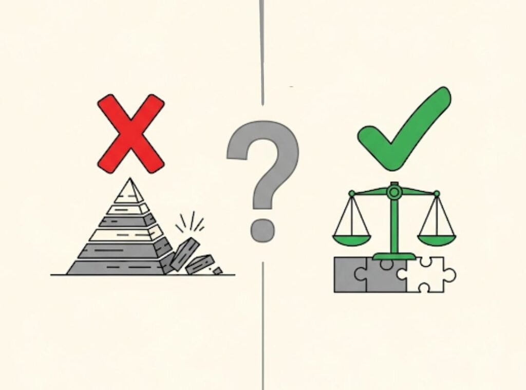 „Minimalistische, moderne Infografik-Illustration: Auf der linken Seite ein rotes X über einer stilisierten Pyramide (Symbol für Schneeballsystem, negativ). Auf der rechten Seite ein grünes Häkchen über einem stabilen Puzzle-Symbol oder einer Waage (Symbol für Fairness und Seriosität). In der Mitte ein großes Fragezeichen „?“. Hintergrund clean, hell (Cream #F4E7D3), viel Weißraum. Stil: Flat Design, Vektor, seriös, klar, Business-Infografik. Keine Fotos, kein 3D, keine überladenen Details.“ Illustration: Links Pyramide mit rotem X, rechts Waage mit grünem Haken. Symbol für: Robethood ist legal und kein Schneeballsystem.