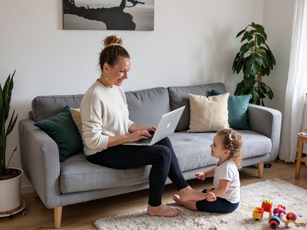 Auf diesem Bild siehst du eine Mutter mit Laptop auf dem Sofa, während ihr Kind vor ihr am Boden spielt – ein realistischer Einblick ins Online-Arbeiten als Mama.