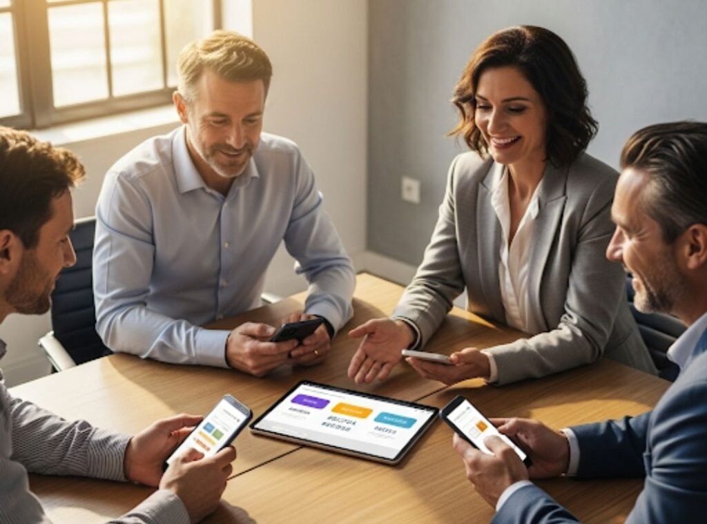 Tippgemeinschaft bei Robethood: Gemeinsam Gewinne sichern und 500 € Startguthaben erhalten Vier Geschäftspersonen sitzen am Tisch, schauen auf Tablet und Smartphones. Symbolbild für eine moderne Tippgemeinschaft bei Robethood.