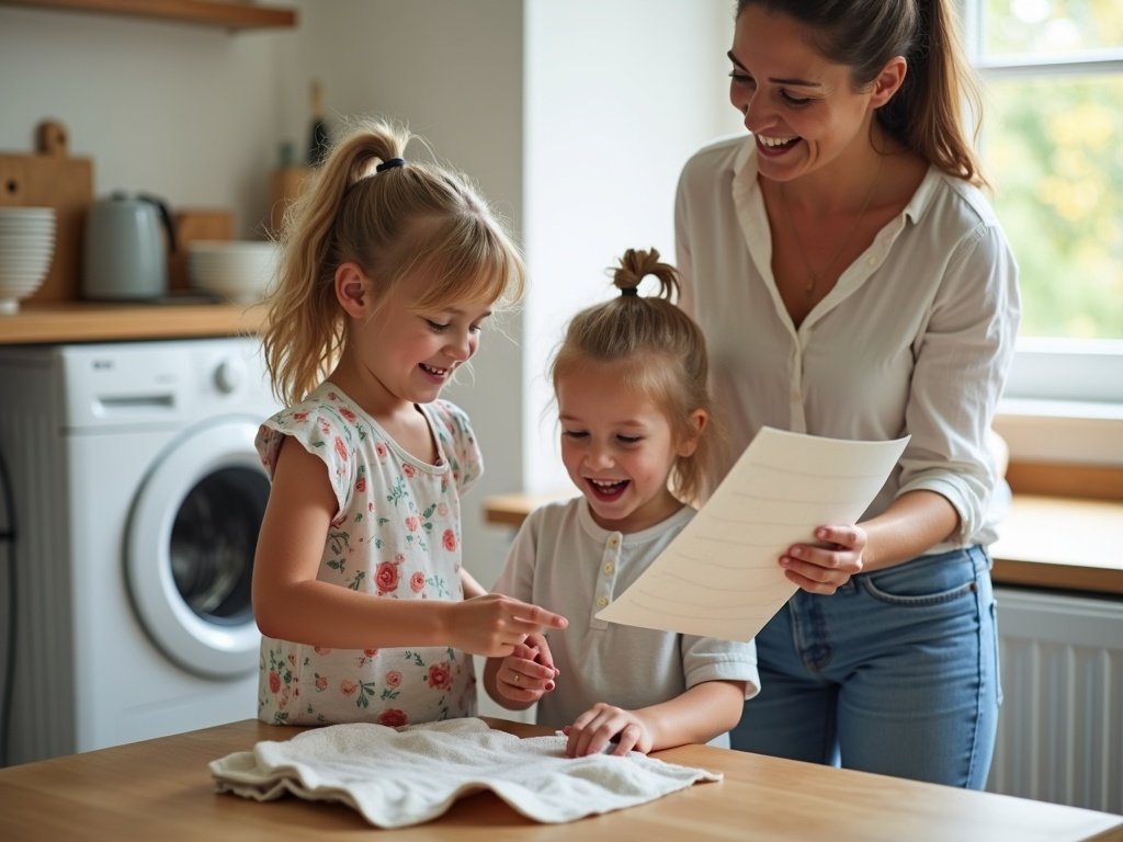 Haushalt gemeinsam meistern – Kinder übernehmen Verantwortung Auf diesem Bild siehst du zwei Grundschulkinder, die mit Begeisterung beim Haushalt helfen, während ihre Mutter sie dabei unterstützt. Sie stehen gemeinsam in der Küche und lachen beim Falten eines Tuchs.