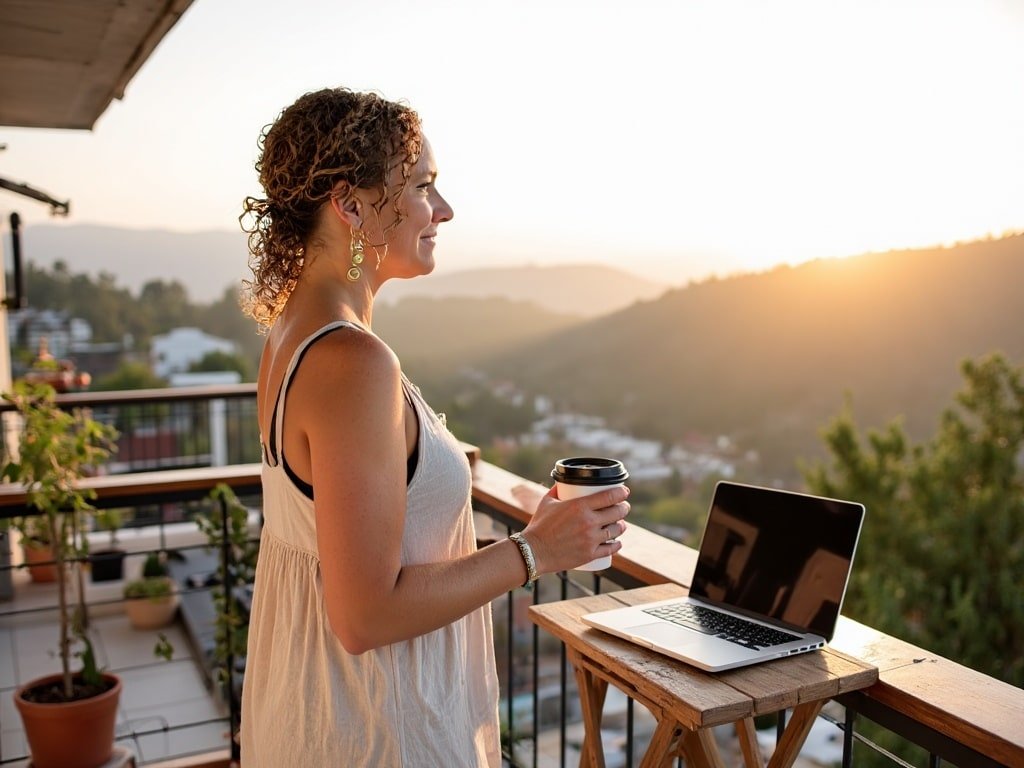 Auf diesem Bild siehst du eine Frau ab 40 auf einem Balkon, mit Kaffeebecher und Laptop, die in der Morgensonne auf ihr neues Online-Business blickt.