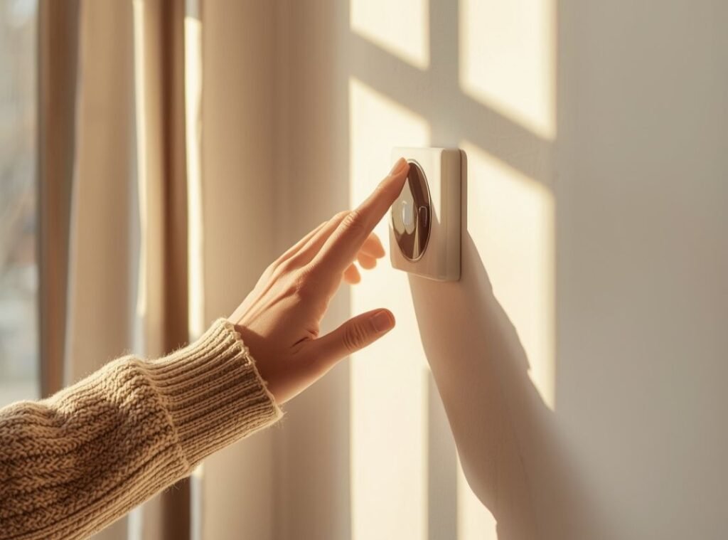 Hand in warmer Strickjacke dreht Thermostat an der Wand herunter – Symbol für bewusstes Energiesparen, Nachhaltigkeit und umweltfreundlichen Alltag.