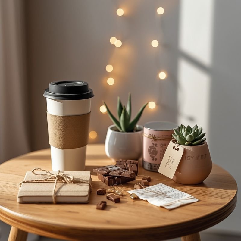 Auf diesem Bild siehst du ein nachhaltiges Weihnachtsgeschenk-Set fürs Büro mit wiederverwendbarem Kaffeebecher, zwei kleinen Sukkulenten in Keramiktöpfen, fairer Schokolade, einem liebevoll verpackten Notizbuch und Lichterkette im Hintergrund – moderne, gemütliche Geschenkideen für Kollegen und das Homeoffice.