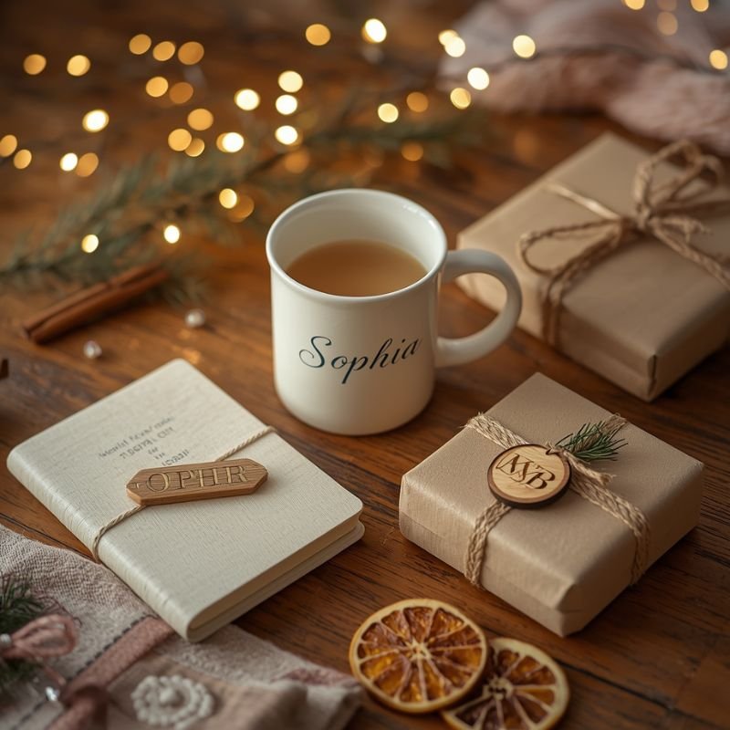 Auf diesem Bild siehst du personalisierte Weihnachtsgeschenke auf einem Holztisch: eine Keramiktasse mit dem Namen „Sophia“, ein Notizbuch mit Namensschild aus Holz, liebevoll verpackte Geschenke mit Gravur-Anhängern und weihnachtlicher Dekoration – ideale Inspiration für persönliche Geschenkideen fürs Büro und Homeoffice.