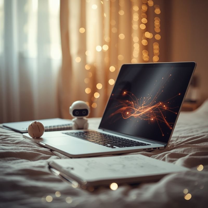 Laptop mit leuchtendem KI-Bildschirm und kleinem Roboter auf Bett – Symbol für kreatives Pinterest-Marketing mit KI.