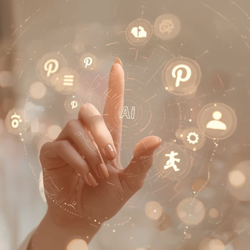 Frau tippt mit Finger auf schwebende Pinterest- und KI-Symbole – Symbol für automatisiertes Pinterest-Marketing mit KI.