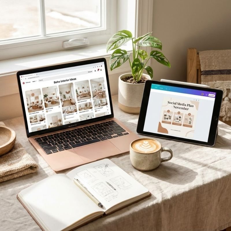 Moderner Arbeitsplatz mit Laptop, Tablet, Notizbuch und Kaffee – Homeoffice-Inspiration für kreative Frauen mit Online-Business