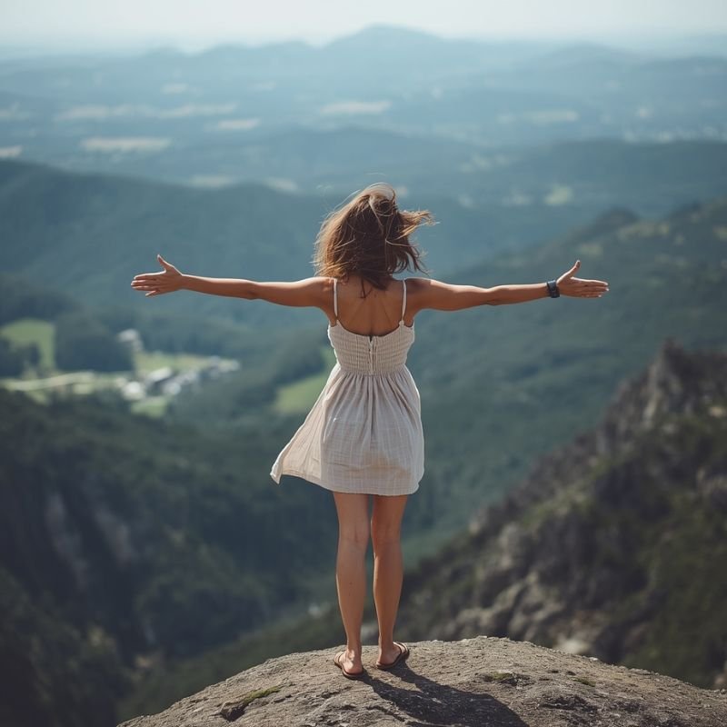 Frau steht mit ausgebreiteten Armen auf einem Berggipfel und blickt über ein weites Tal – Symbol für Freiheit, Mut und Selbstverwirklichung