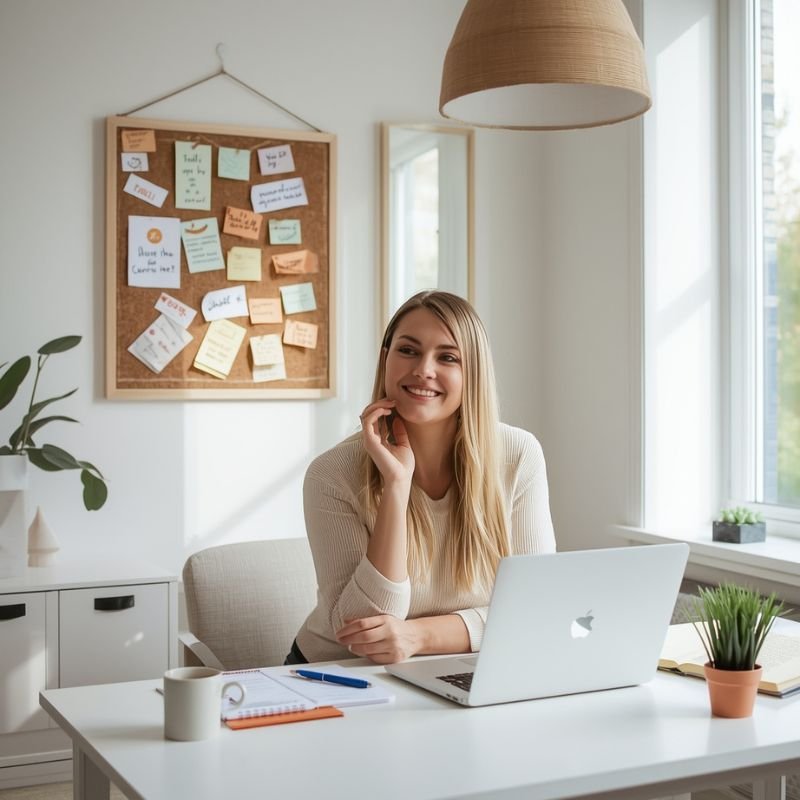 Lächelnde Frau im hellen Homeoffice sitzt vor Laptop mit Vision Board im Hintergrund – Symbol für Klarheit, Motivation und Selbstständigkeit