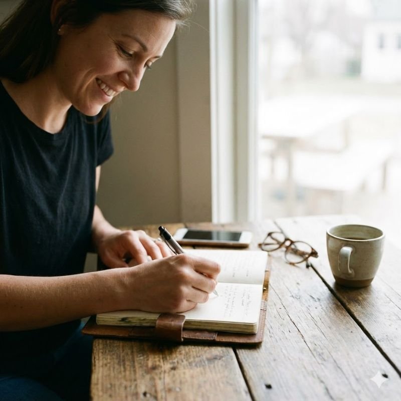 Frau schreibt lächelnd in ein Notizbuch an einem Holztisch mit Kaffee – Symbol für Klarheit, Fokus und Planung im Online-Business