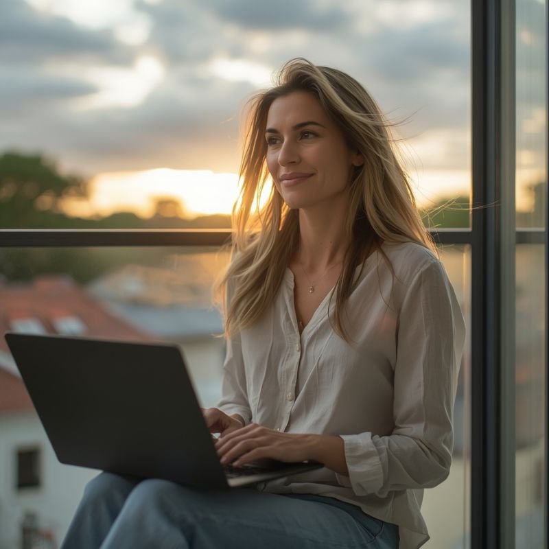 Frau sitzt mit Laptop auf dem Balkon bei Sonnenaufgang, lächelt selbstbewusst – Symbol für Neuanfang und Freiheit im Online-Business
