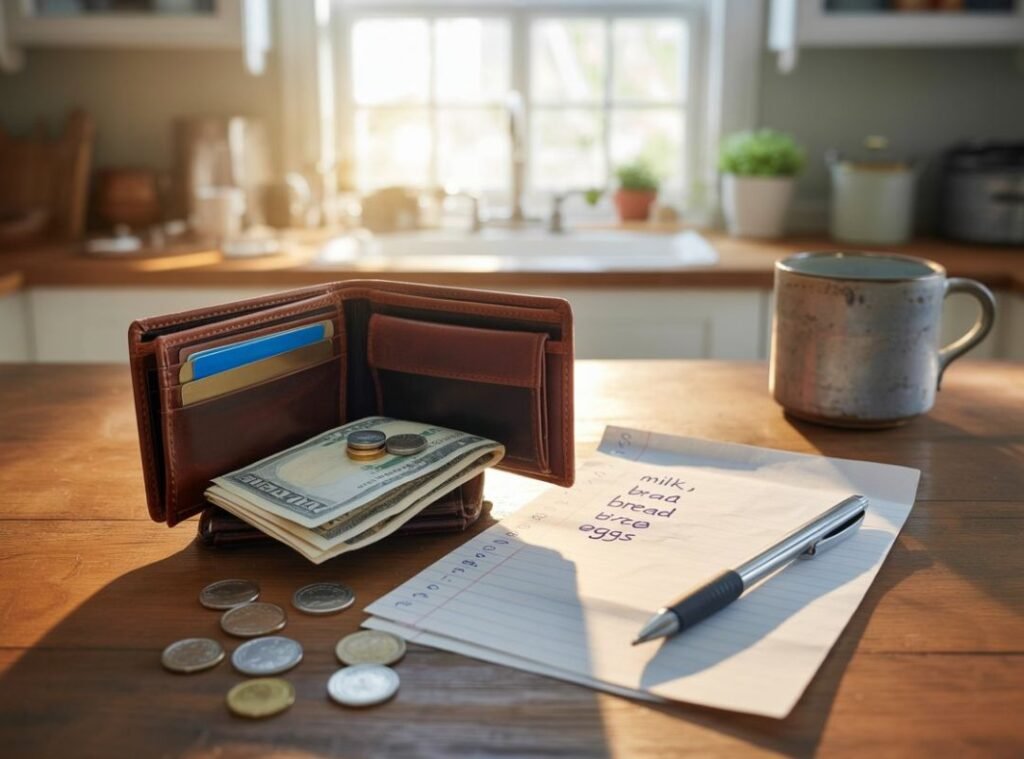 Offenes Portemonnaie mit Bargeld und Karten auf einem Küchentisch, daneben Einkaufszettel und Stift im Morgenlicht.