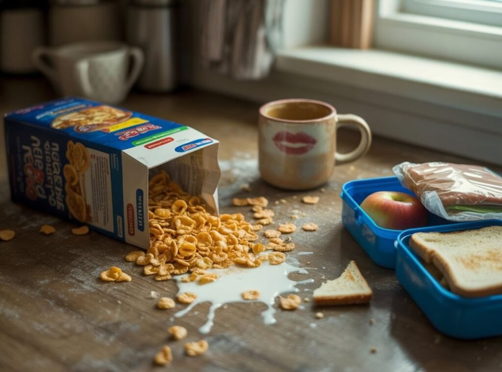 Chaotischer Frühstückstisch mit verschütteten Cornflakes und Milch, Brotdose, Apfel und Kaffeetasse im Morgenlicht.