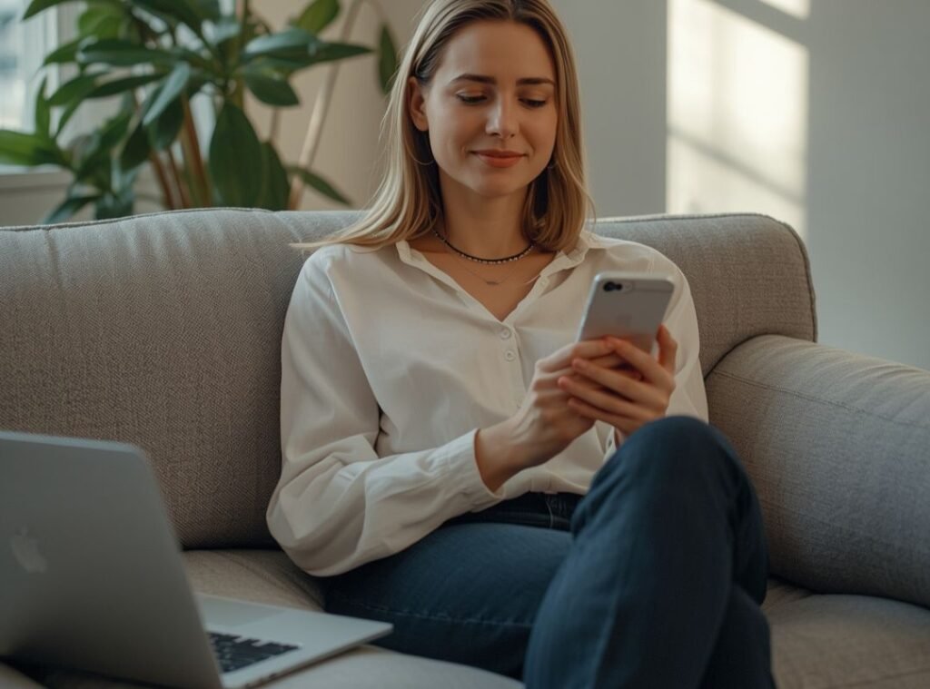 Frau sitzt entspannt auf dem Sofa und schaut auf ihr Smartphone, Laptop liegt neben ihr, helle und ruhige Wohnatmosphäre.