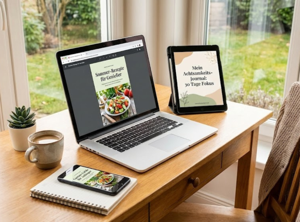 Schreibtisch mit Laptop, Tablet und Smartphone, auf denen digitale PDFs wie E-Book, Rezepte und Achtsamkeits-Journal zu sehen sind – Beispiel für digitale Produkte erstellen und online Geld verdienen mit PDFs.