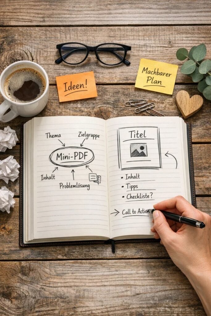 Notizbuch mit Skizze zur Erstellung eines digitalen Mini-PDFs mit Thema, Zielgruppe, Inhalt und Call to Action – Planung eines digitalen Produkts zum Online Geld verdienen