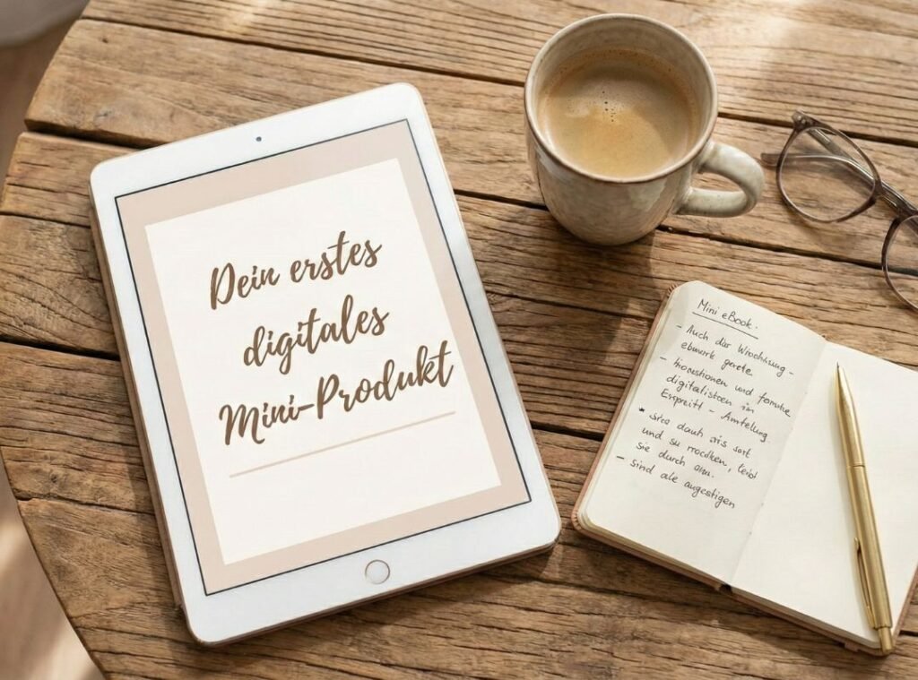 Tablet mit der Aufschrift „Dein erstes digitales Mini-Produkt“ auf einem Holztisch neben Notizbuch, Stift und Kaffee – Symbol für den Einstieg ins Online-Geldverdienen mit einem digitalen PDF-Produkt.