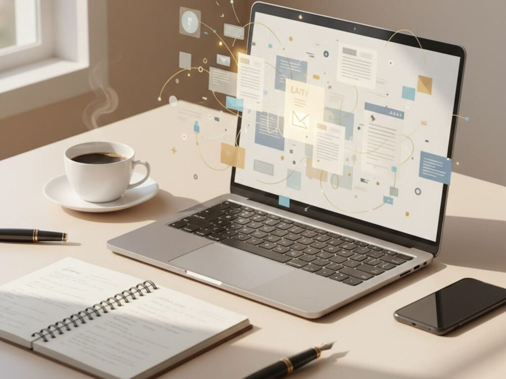 Laptop mit abstrakten KI-Content-Elementen auf dem Bildschirm, Notizbuch und Smartphone auf dem Schreibtisch als Symbol für plattformübergreifendes Online-Business