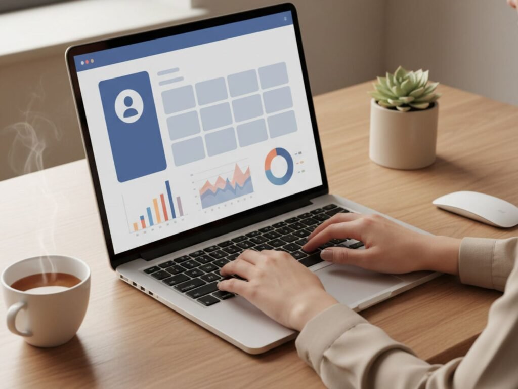 Hände einer Frau bedienen einen Laptop mit Social-Media-Dashboard und Analysen als Symbol für strukturiertes Online-Business ohne Gesicht zeigen