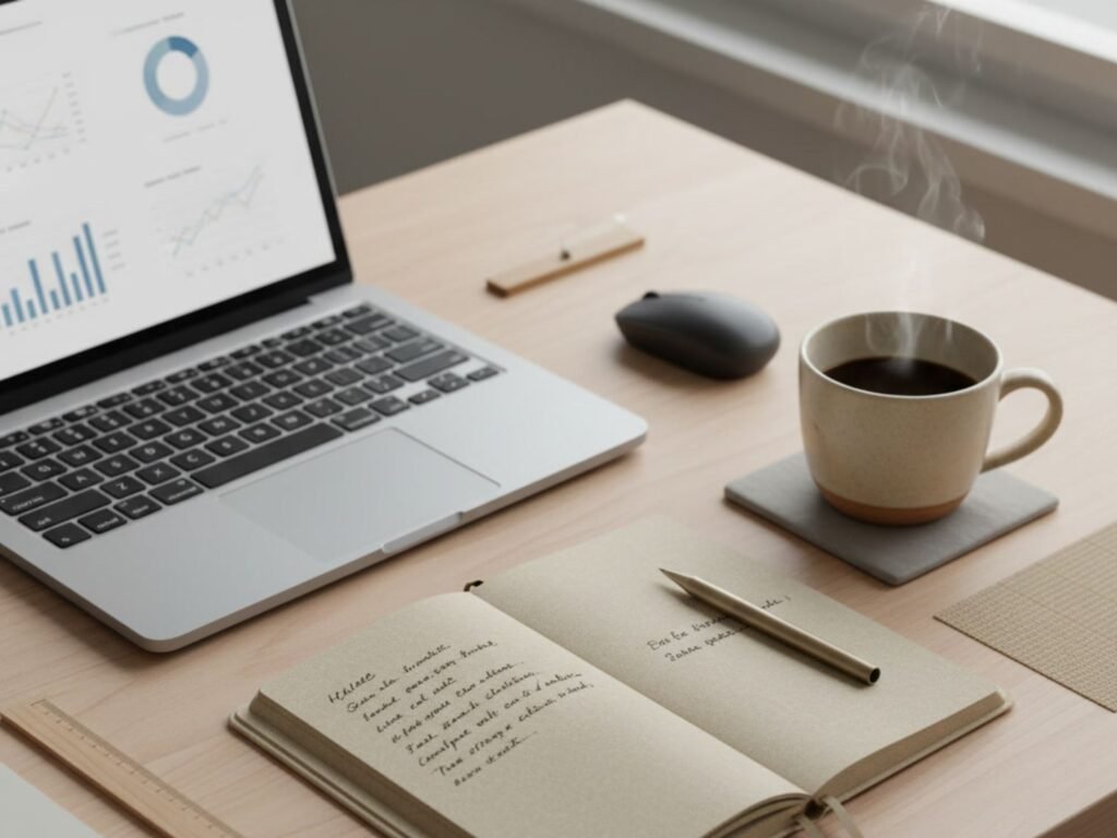 Schreibtisch mit Laptop, Notizbuch und Kaffee – Planung für seriöses Online Geld verdienen von zuhause