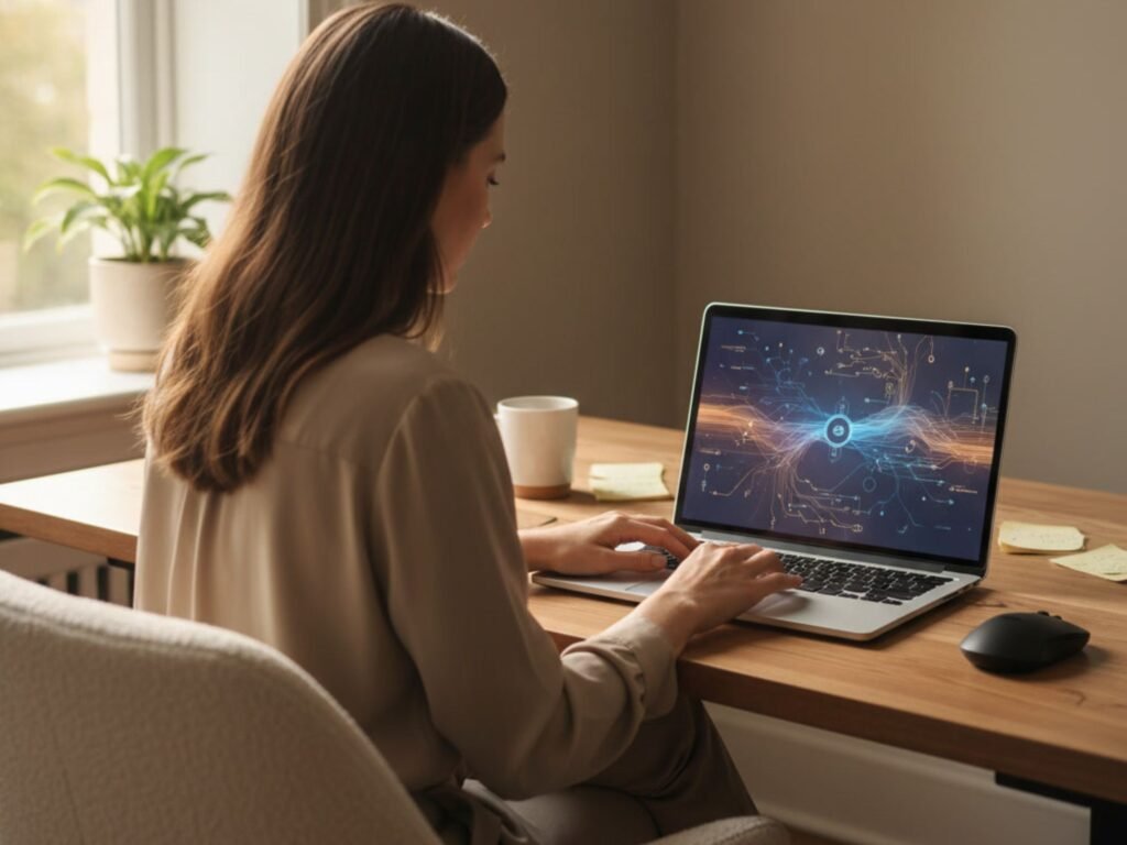 Frau arbeitet am Laptop mit KI-gestützten Tools und erstellt faceless Online-Content für digitales Business