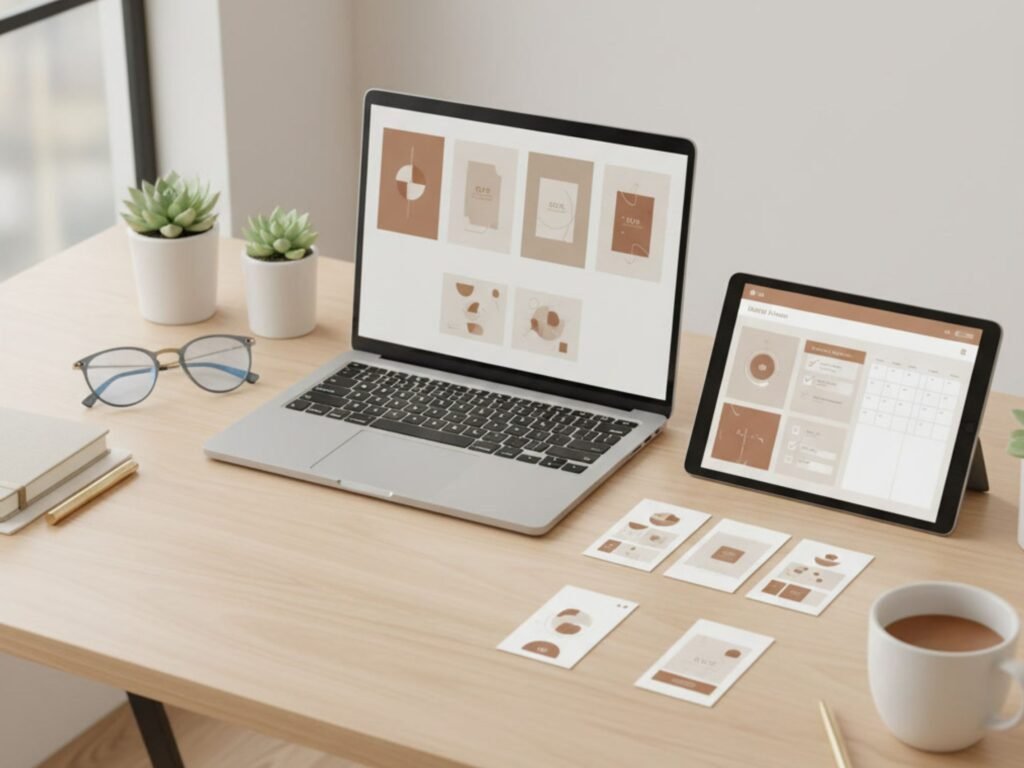 Laptop und Tablet mit digitalen Mini-Produkt-Mockups auf einem aufgeräumten Schreibtisch – Erstellung von digitalen Produkten für Online-Business