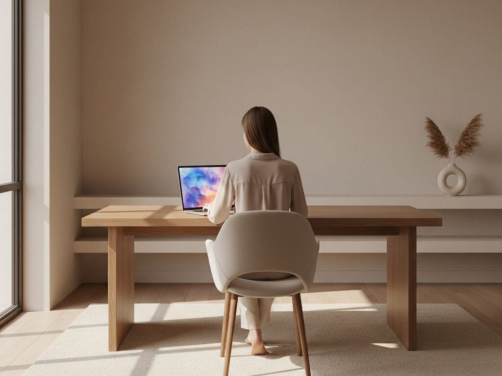 Frau arbeitet von hinten am Laptop in minimalistischem Homeoffice und erstellt KI-gestützten Content für ein faceless Online-Business