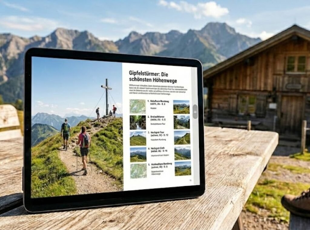 Tablet mit geöffnetem PDF-E-Book vor Berglandschaft – Beispiel für ein digitales Produkt als PDF, das ortsunabhängig erstellt, genutzt und online verkauft werden kann.