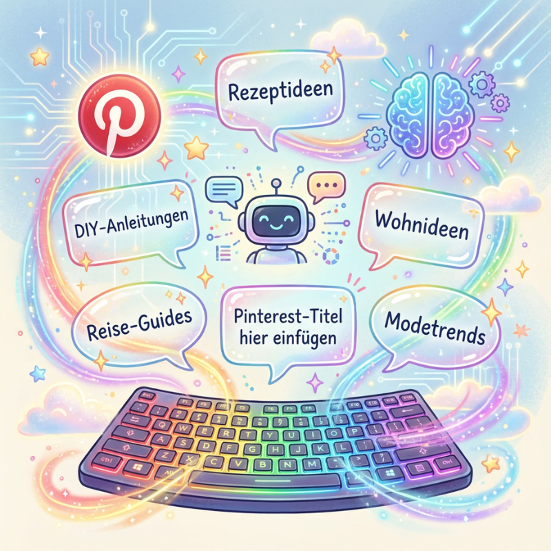 So entstehen deine Pinterest-Texte – automatisch, kreativ und genau auf deine Zielgruppe abgestimmt. Bunte Illustration mit Regenbogentastatur, Chatbot, Pinterest-Logo und Sprechblasen auf Deutsch: Rezeptideen, DIY-Anleitungen, Wohnideen, Reise-Guides, Modetrends, Pinterest-Titel. Darstellung von KI-Textgenerierung für Pinterest-Inhalte.