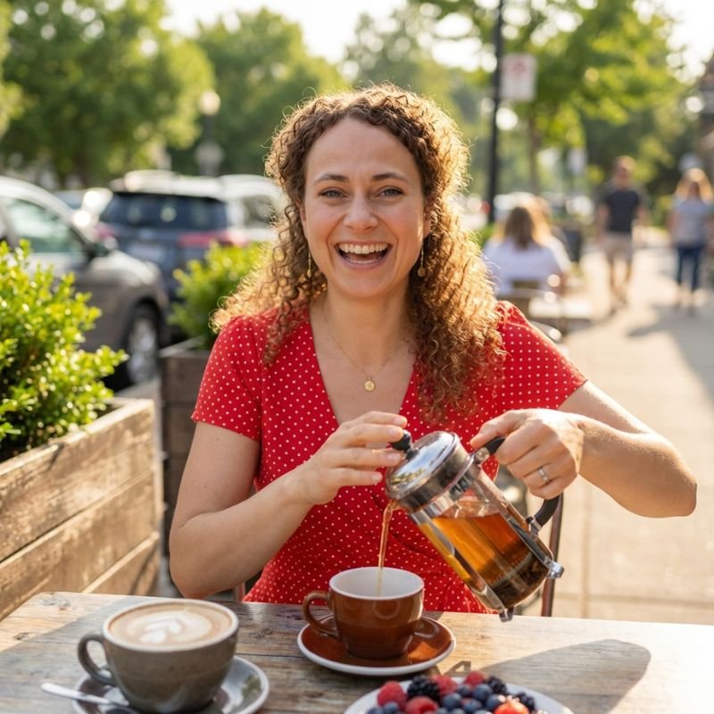 Sichtbarkeit darf leicht sein Lachende Frau sitzt in einem Straßencafé und schenkt Kaffee ein als Symbol für Leichtigkeit, Authentizität und entspanntes Online-Business mit KI-Unterstützung