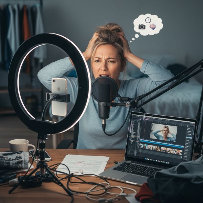 Überforderte Frau sitzt vor Kamera, Mikrofon und Laptop beim Content-Erstellen als Symbol für Social-Media-Stress und ständige Sichtbarkeit im Online-Business