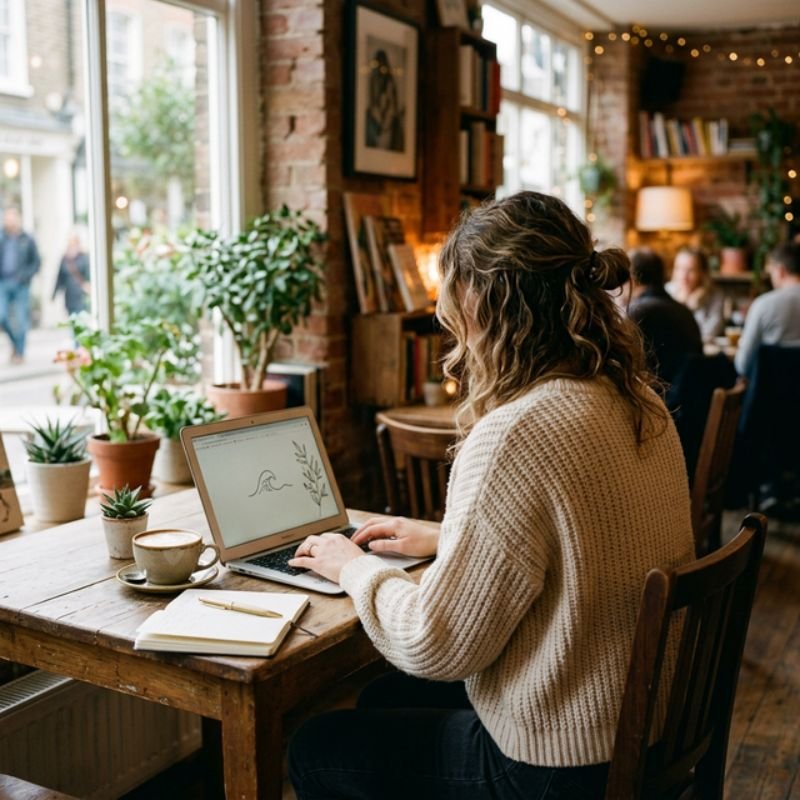 Faceless Marketing für Introvertierte Eine moderne Frau, aufgenommen von hinten, sitzt gemütlich in einem hellen Café und arbeitet an ihrem Laptop.
