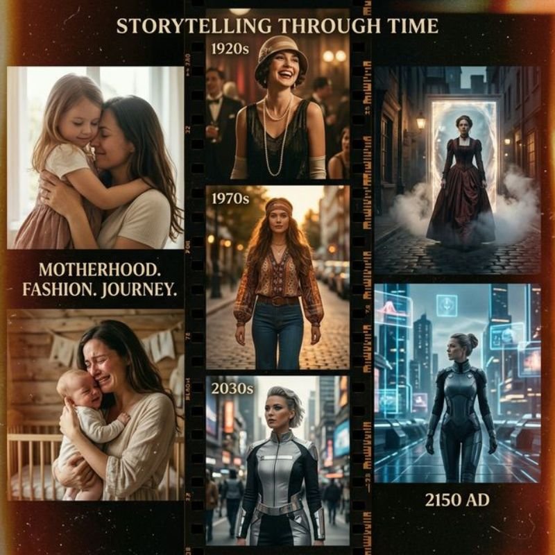  Collage von emotionalen filmreifen Szenen aus viralen KI-Reels - Zeitreise, Mutterschaft, Transformationen