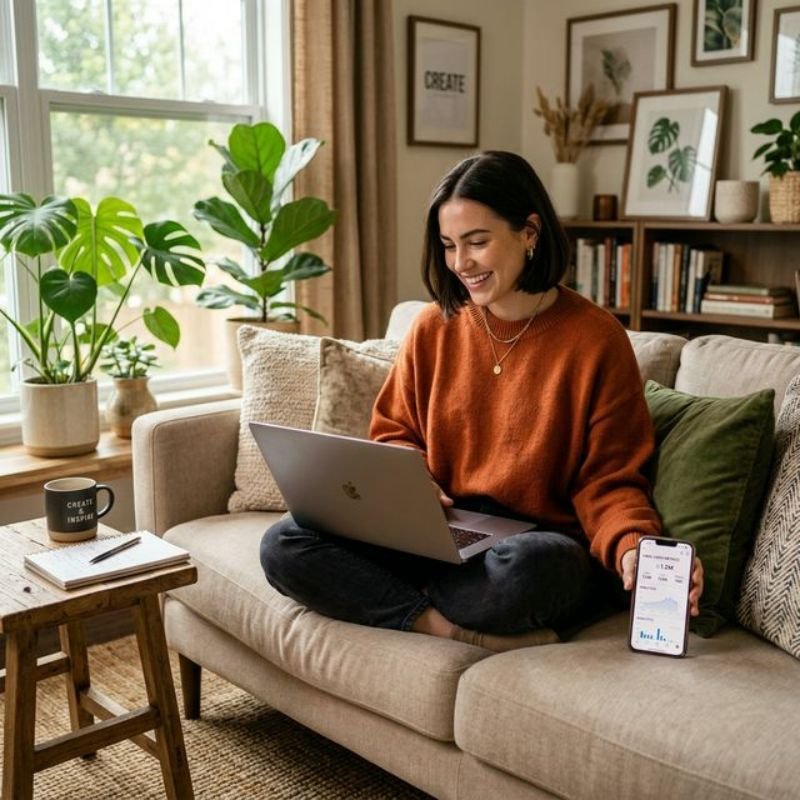 Junge Frau sitzt entspannt auf dem Sofa mit Laptop und Smartphone, erstellt virale Instagram Reels mit KI, während sie Kaffee trinkt