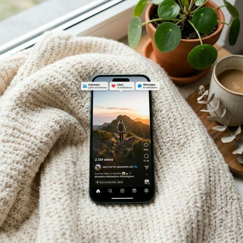 Smartphone auf einer weißen Decke zeigt Instagram Reel mit Millionen Views, Likes und neuen Followern