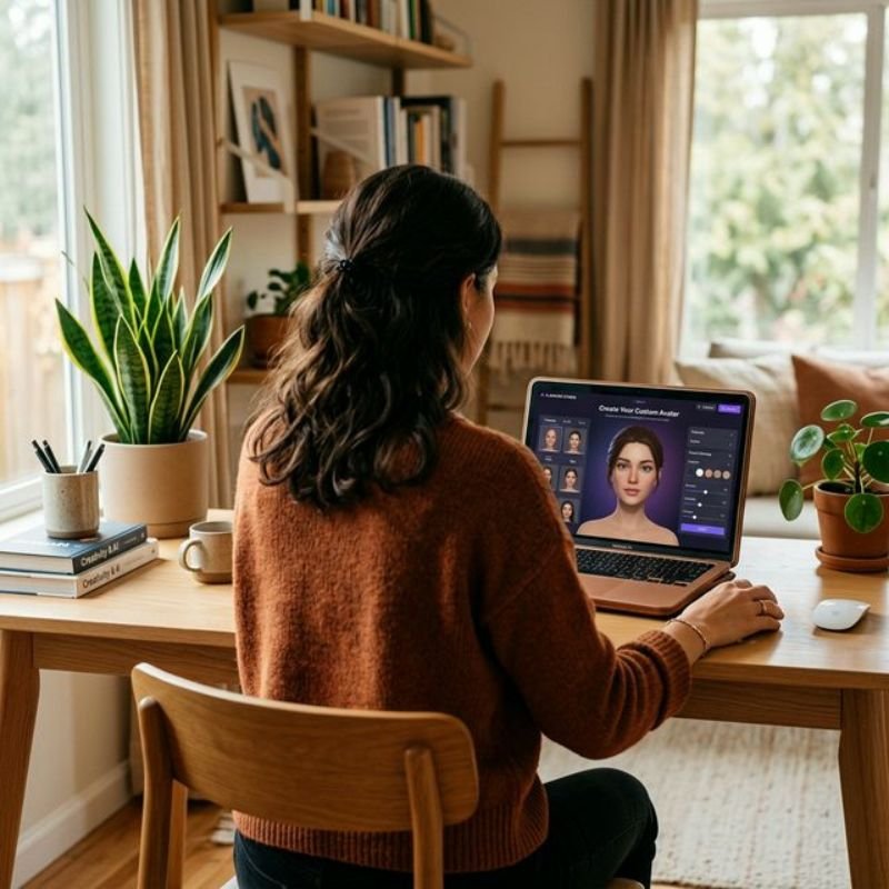 Laptop-Bildschirm zeigt KI-Avatar-Erstellung für faceless Content, Frau von hinten am Schreibtisch
