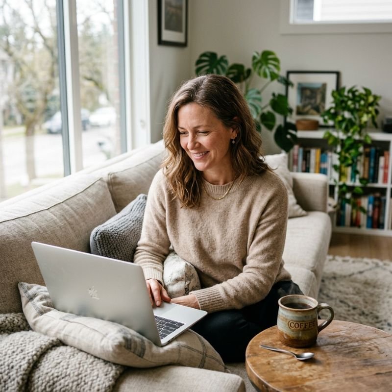 Frau am Küchentisch beim Lesen, hyper-realistisches KI Foto im authentischen Lifestyle Look.
