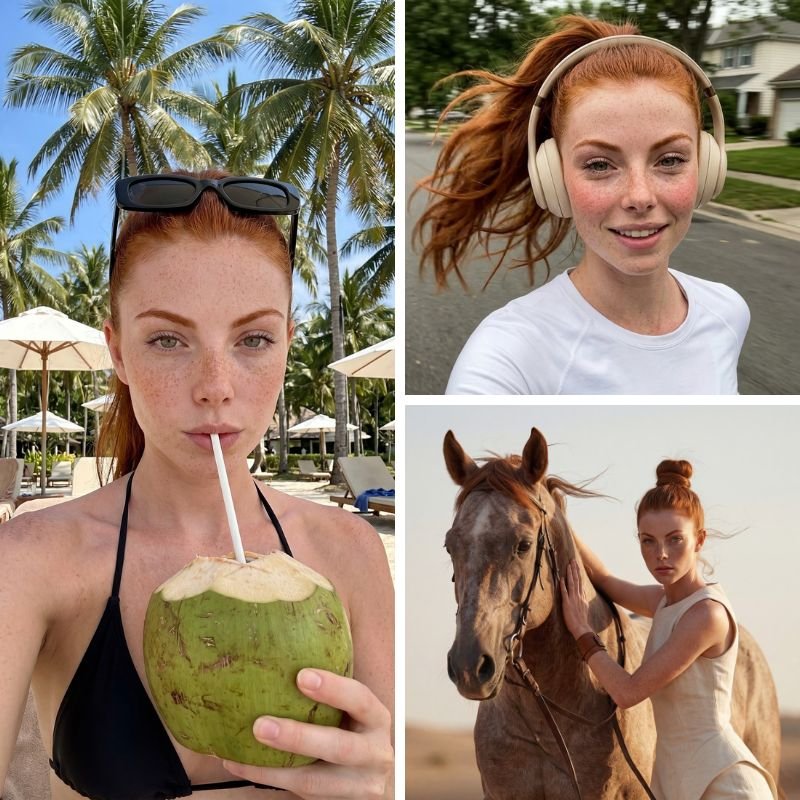 Fotorealistischer KI-Avatar einer rothaarigen Frau in verschiedenen Alltagsszenen – Selfie mit Kokosnuss am Strand, beim Joggen mit Kopfhörern und beim Reiten in der Wüste – konsistente Darstellung ohne Face Drift