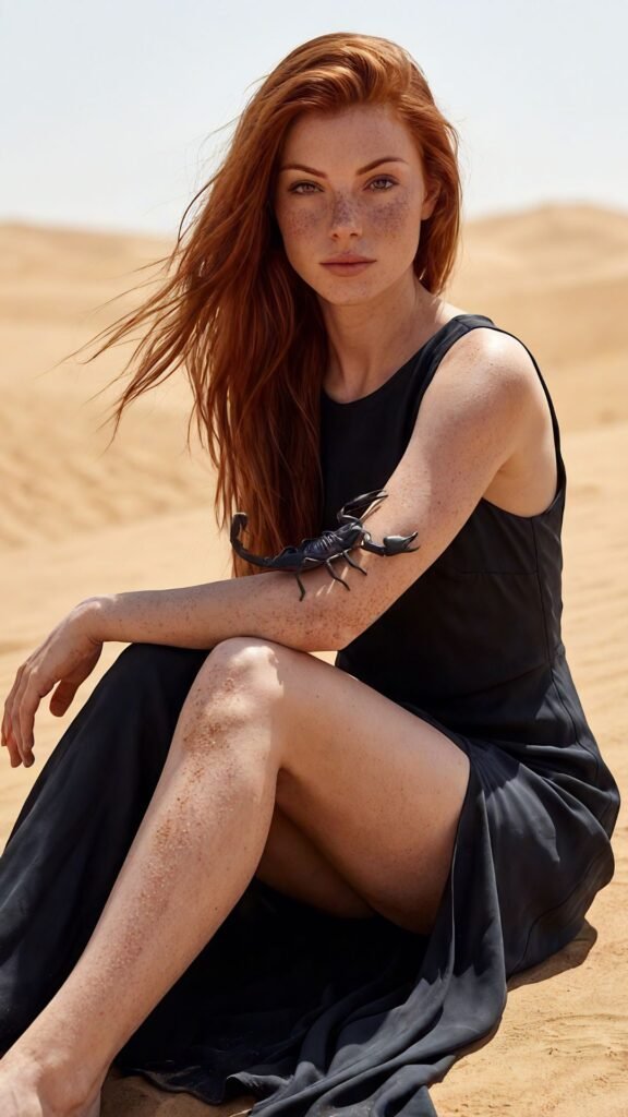 Fotorealistischer KI-Avatar einer rothaarigen Frau in der Wüste mit Sommersprossen und schwarzem Kleid, ein Skorpion krabbelt über ihren Arm – High-Fashion Editorial Stil mit natürlichem Licht und realistischer Hautstruktur