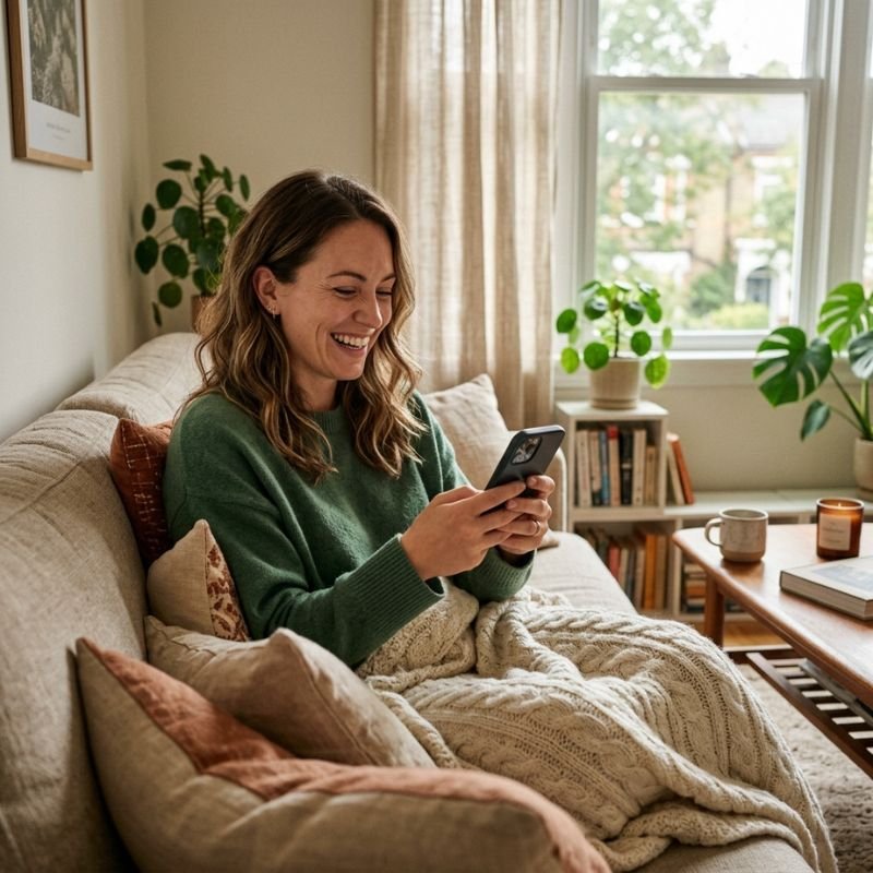 Eine lächelnde Frau sitzt auf einem gemütlichen Sofa und schaut begeistert auf ihr Smartphone.