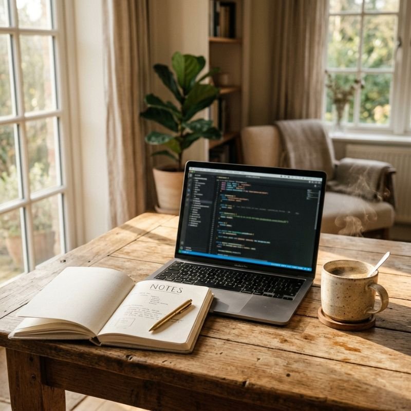 Ein moderner Arbeitsplatz mit einem silbernen Laptop, einer Kaffeetasse und einem aufgeschlagenen Notizbuch auf einem Holztisch, beleuchtet von warmem Morgenlicht.