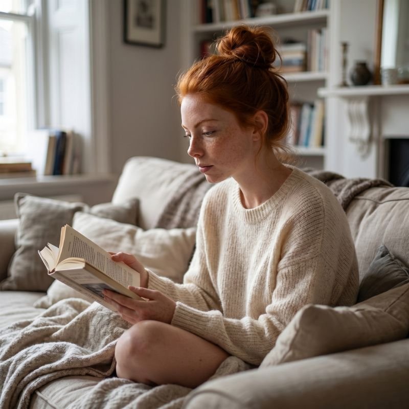 Junge Frau mit roten Haaren liest ein Buch auf dem Sofa – Beispiel für ein realistisches KI-Bild ohne künstlichen Plastik-Look.